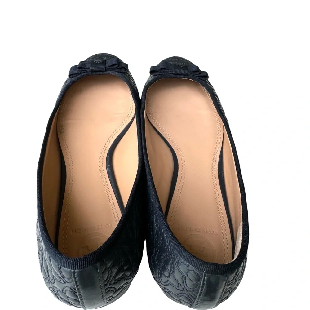 Tory Burch Marion Quilted Navy Blue Flats Leather Bow Detail